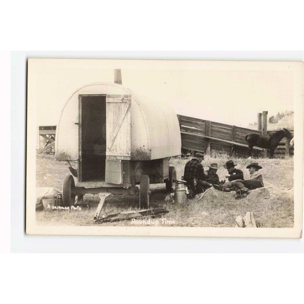 Vintage Roundup Time Real Photo Postcard A Skinner Photo Sheep Wagon Cowboys